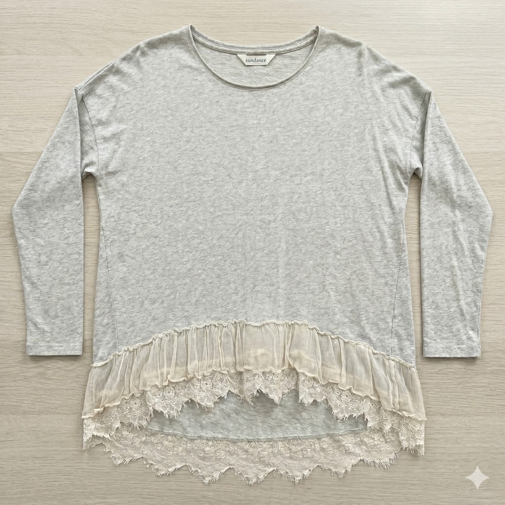 Sundance Gray Lace Hem Mixed Media Tunic Top Ruffle Crochet Portugal Large